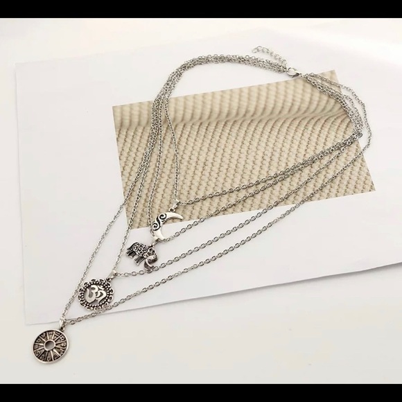 Docona Bohemian Necklace Moon Elephant Ancient Pendent Silver Color Long Alloy - Picture 2 of 5